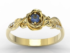 Pierścionek z żółtego złota w kształcie róży z szafirem i diamentami LP-7715Z