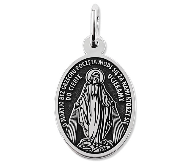 Medalik srebrny dwustronny z wizerunkiem Matki Bożej Niepokalanej 